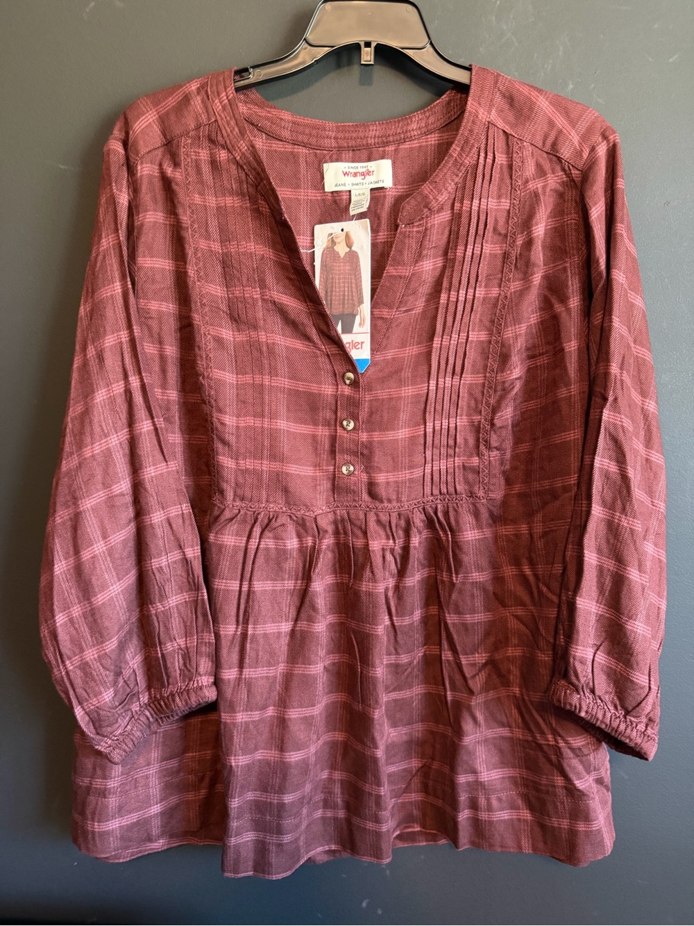 Wrangler Women’s Mauve Plaid Peasant Tunic. NWT. Large